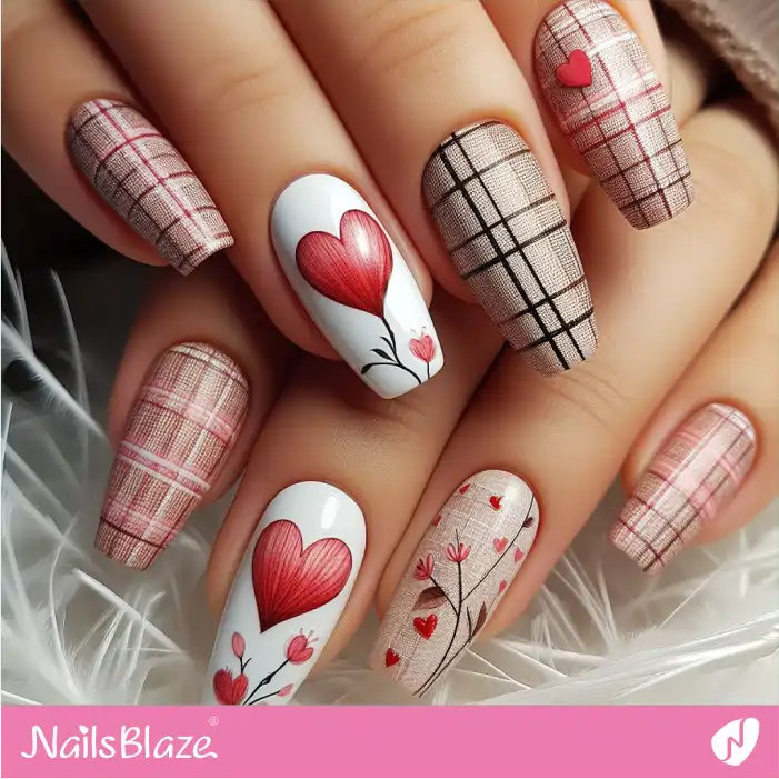 Valentine Faux Linen Pattern Hearts and Flowers Nail Design | Valentine Nails - NB2320